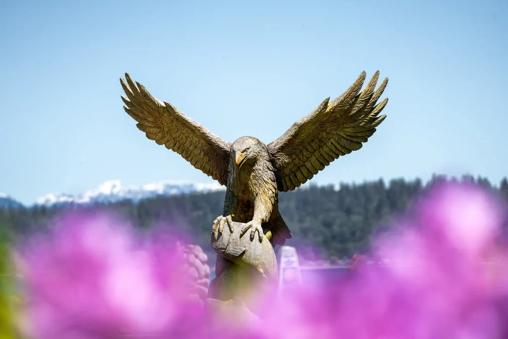 Chainsaw carving of an eagle in front of 50th Parallel market Rotary Seawalk | Destination Campbell River