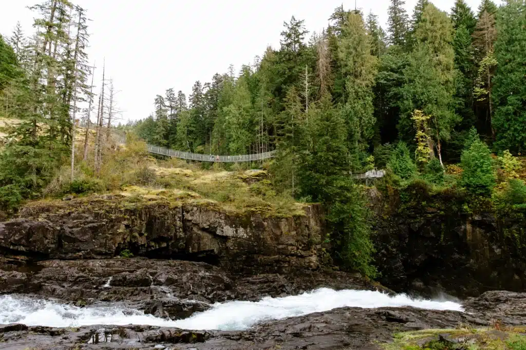 The Top of Elk Falls With View of Suspension Bridge and Viewing Platform | Bluetree Photography | Destination Campbell River